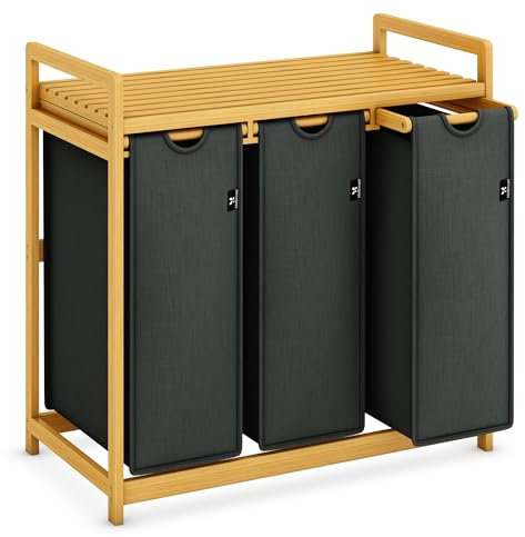 ADEL DREAM Panier à linge en bambou à 3 compartiments panier à linge design arqué gris-06-17 150L