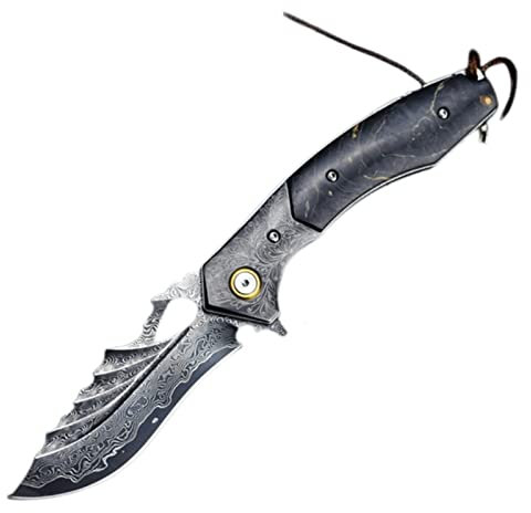 DLUCCA Klappmesser einhandmesser,Holzgriff Damaststahl Klappmesser Hohe Härte geschmiedet Muster Stahl scharfes Taschenmesser Outdoor Survival Messer für Camping