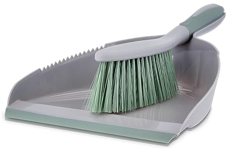 KHG Kehrgarnitur grau-grün, Kehrschaufel mit spitz-zulaufende Gummilippe | Handfeger mit dichten Borsten, ergonomischer & rutschfester Griff, Druckstelle zum Einsetzen, handliche Größe