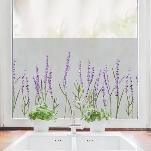 Sichtschutzfolie mit farbigem Lavendel Fensterfolie Fensterdeko Milchglasfolie Sichtschutz Wiederverwendbar, 55 cm hoch, 90 cm breit