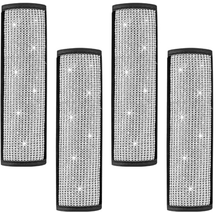 Sylvil 4PCS Bling Car Seat Belt Shoulder Pads, Soft PU Leather Seatbelt Strap Pad with Crystal Diamond, Glitter Safety Belt Pad Shoulder Cover for Women, Decorative Car Accessories
