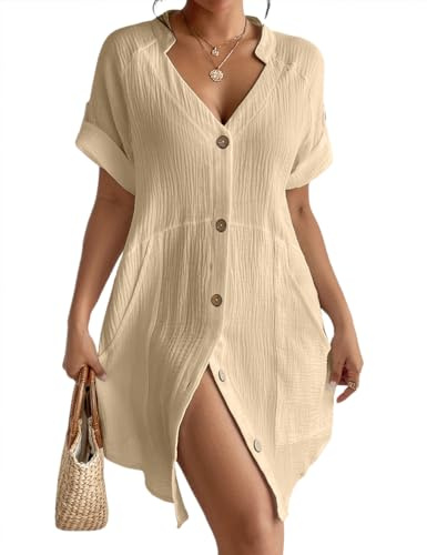 Bsubseach Comfy Beach Cover Up Lightweight Button Down Tunic Daily Shirt Dress for Women Apricot L