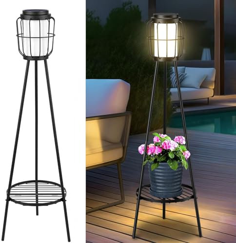 Solar Stehlampe Außen mit Dreibein Solar Außenstehlampe LED Solar Stehleuchte Warmweiß 3000K Solar Bodenleuchten IP55 Wasserdicht Außenleuchte für Outdoor Garten Hof Balkon Terrasse Hotel, Schwarz