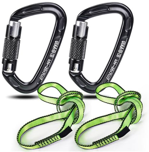 Karabiner Klettern Kletterausrüstung, 2 Stück UIAA-Zertifiziert 25KN Auto Locking Kletterkarabiner Clips +2 Stück 23KN Nylon Seil, geeignet für Klettern, Bergsteigen, Wandern, Notfallausrüstung