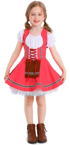 IBTOM CASTLE Oktoberfest Dress Kids Girls German Oktoberfest Costume Traditional Bavarian Beer Carnival Fraulein Cosplay Dress Outfit Pink Plaid Top Swing Vintage Dress Pink+white 10-12 Years