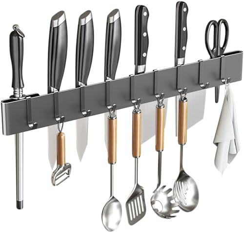 Knife Holder for Wall Mount-Knife Strips with Hooks Stainless Steel Wall Knife Rack-Knife Block-Knife Rack-Utensil Hanger-Kitchen Utensil Holder (Grey, 50 CM+9 Hooks)