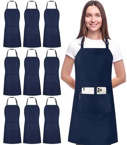 Utopia Kitchen 10 Pack Bib Apron, Unisex Adjustable Aprons with 2 Pockets, Waterdrop Resistant Cooking Kitchen Chef Apron for Men Women, Navy