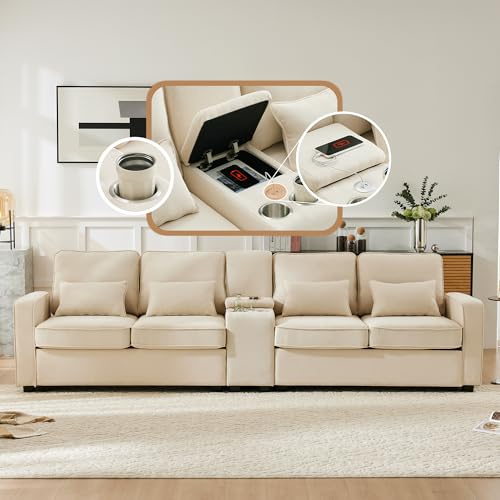 KecDuey, Sofá moderno de 4 plazas, en tejido de lino, soporte para bebidas, 2 puertos de carga USB con cable, bolsillos en reposabrazos y 4 cojines (beige con portabebidas)