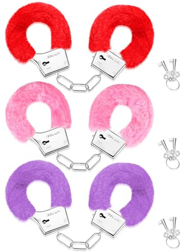 Gulfmew 3 Paar Plüsch Handschellen mit 2 Schlüsseln Plüsch Handfesseln Polizei Kostüm Zubehör Handschellen für Cosplay Partyzubehör Requisiten (Rot, Rosa, Lila)
