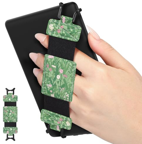 MoKo Soft Hand Strap for 6-8 Kindle eReaders Fire Tablet, Green Flower | eReader Accessories for 6-8 Kindle/Kobo/Sony Tablets, Black High-Elasticity Hand Strap, Lightweight Finger Grip Holder