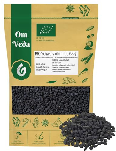 BIO Schwarzkümmel 900g Nigella Sativa Echter Schwarzkümmelsamen Schwarzkümmelkörner ganz aus Ägypten | Organic Bio-zertifiziert DE-ÖKO-039 | Black Cumin | OmVeda | Für Küche, Tee und Öl