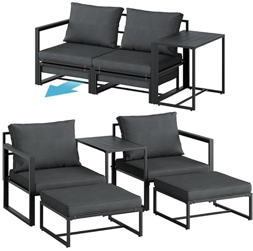STEELSØN Asteri Gartenmöbel Set 5-TLG, Schwarz/Anthrazit, für 2-4 Personen | Sitzgruppe mit 2 Sesseln, 2 Hockern, 1 Tisch, Balkonlounge Metallgestell, Sitzpolster, Terrassenlounge, wetterfest, Outdoor