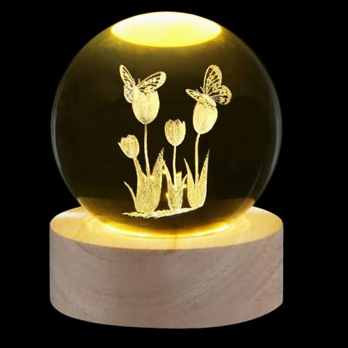 Sahoottie 60 mm 3D-Schmetterlings-Tulpen, Kristallkugel, Tulpen, Glas, Briefbeschwerer, Tulpe, Figur, Geschenk für Frauen, Kristalltulpen, Ornamente für Wohnzimmer