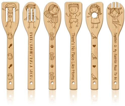 GLOBLELAND 6 Stück Niedliche Einfache Striche Bambus Kochutensilien Figur Holzgravur Kochlöffel Set Gravur Schnitzerei Küche Bambus Spatel Set Für Küche Housewarming Geschenk Mutter Freundin Frauen