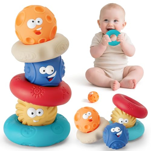 Tacobear Bebe Jouet Tour Empilable Empileur avec Anneaux, Jouet Dentition Jeux Eveil Montessori Éducation Précoce Cadeau pour Bébés 6 12 18 Mois (avec Balle)