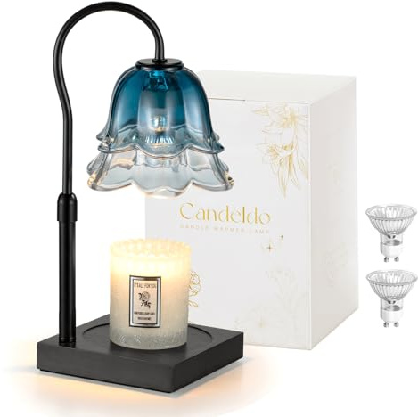 Candeldo Candle Warmer Lamp with Timer: Navy Blue Flower Candle Warming Lamp with 2 Bulbs Height Adjustable Wax Warmer Dimmable Bedroom Decor Birthday Gift for Women