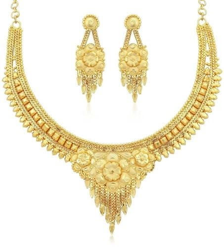 KISHUSOON Traditional Indian Gold Plated Necklace Jewelry Set with Earrings for Women, Ethnic Wedding Bridal Party Wear, Antique