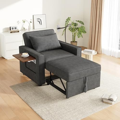 Ligterra Sessel mit schlaffunktion, Schlafsofa, 3-in-1 Schlaferstuhl, Umwandelbares Sesselbett, Verstellbaren Sesselbetten für kleine Räume, Wohnungen, Wohnzimmer, Büros, Cord Stoff, Grau
