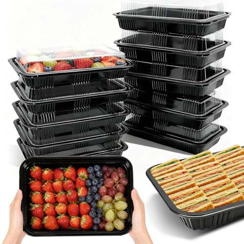 14 Pcs Large Sandwich Platter Trays With Lids Black (260x190x38 mm) | Large Buffet Trays with Lids, Sandwich Platters with LidsPlatters for Party Food Cake Sushi Catering Camping
