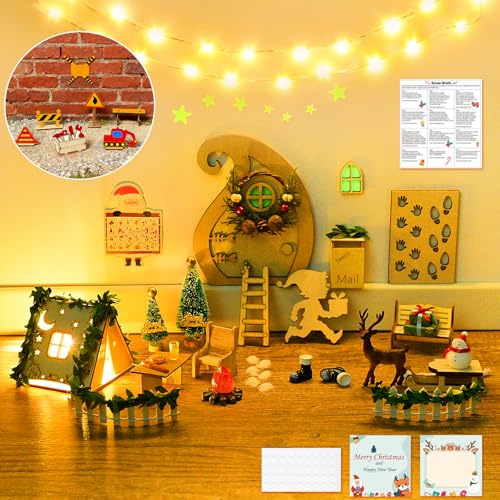 FFZZKJ Wichteltür Set Wichtel Zubehör für Weihnachten 63 Stück, mit Zelt, Wichtel Baustelle, 12 Wichtelbriefe, Wichtel Schablone, Adventskalender, Baguette, Pizza, Orangensaft, mit 2M Lichterkette
