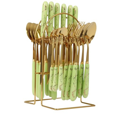 24pcs Mixed Cutlery Set, Stainless Steel Cutlery Set with Hanging Stand, Mirror Polishing Flatware Set Service for 6, Includes Knives Forks Spoons Teaspoons, Gold Green, for Family Restaurant Party