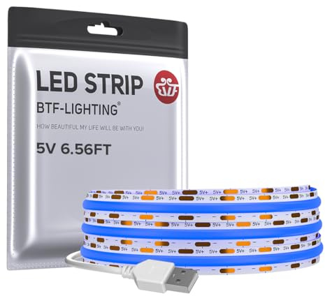 BTF-LIGHTING USB FCOB COB Blau LED Streifen Hochdicht 2M 640 LEDs 5V | Flexibel LED Leiste,Ultrahell CRI90+,für Wohnzimmer TV, Schrank, Küche, DIY Deko(Ohne Dimmer)