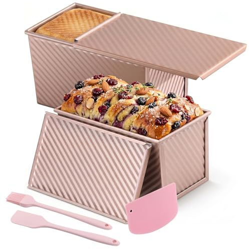 lafo Stampo per pane con coperchio, rettangolare, oro rosa, set di 2 stampi per pane tostato, con coperchio e 3 utensili per spatola