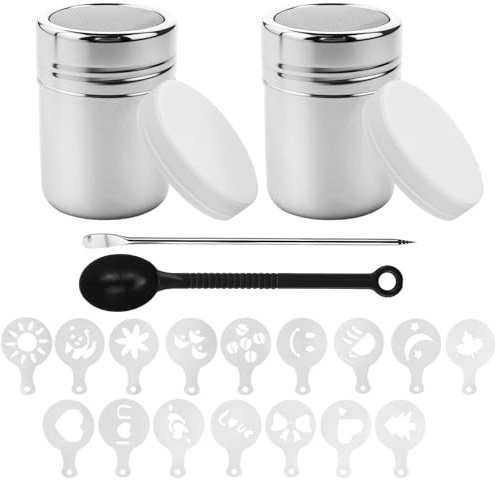 2 spargicacao per cappuccino, in acciaio inox, con 16 stencil per zucchero a velo, spargitore per cioccolato, accessori da caffè con spargitore per caffè e caffè, cucchiaio da mescolare