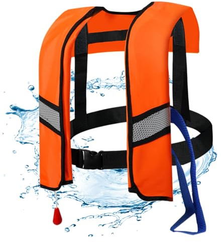 Hperu 150N Automatische aufblasbare Rettungsweste für Erwachsene Nylon-Schwimmweste mit Verstellbarer Schnalle, reflektierenden Streifen und Pfeife Zusätzliche Luftkammer, orange (ohne Gasflasche)