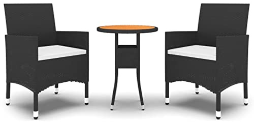 Qnhdfrt 3-TLG. Garten-Essgruppe Poly-Rattan und Akazienholz, Bistroset mit Tisch 60cm und 2 Stühlen mit Kissen, Sitzgruppe für Balkon und Terrasse, Schwarz