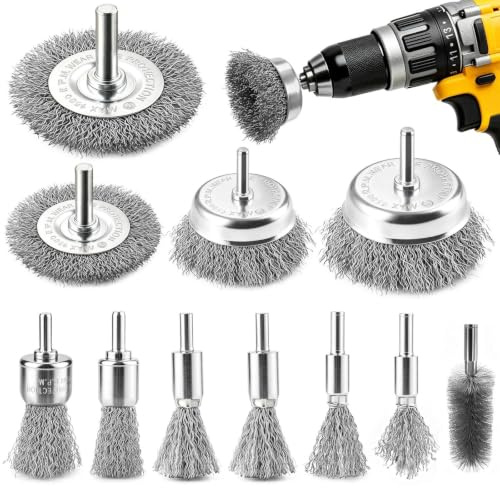 11 Pièces Brosses Métalliques pour Perceuse, 6 mm(1/4 in)Brosse Métallique | Brosse Abrasive Metallique, pour Nettoyage du Bois, Ébavurer, Déruster, Décaper et Polir