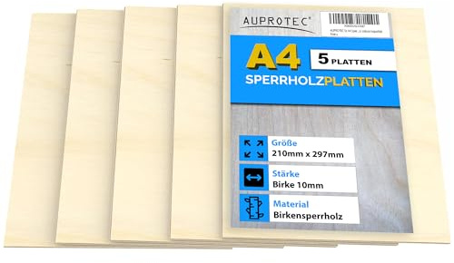 AUPROTEC 5x A4 Sperrholz-Platten Birke 10mm Multiplexplatten (210 mm x 297 mm) Bastel- und Laubsäge-Holzplatten Birke Massiv Multiplex Holz Industriequalität
