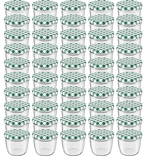 WELLGRO 50x Einmachgläser mit Schraubdeckel - 230 ml, 8,5 x 6,5 cm (ØxH), Glas/Metall, grün karierte Deckel To 82, Gläser Made in Germany, verschiedene Mengen wählbar, Stückzahl:50 Stück