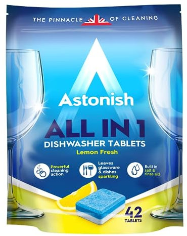 Astonish Todo en 1 tabletas de limpieza potente para lavavajillas con sal y ayuda de enjuague, paquete de 42 tabletas, limón fresco