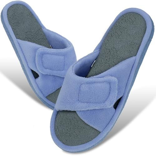 Magtoe Women's Open-Toe Slippers Summer Adjustable Hook and Loop Closure Slipper Home Slides Shoes Memory Foam Micro Suede Indoor Outdoor Coral Velvet Slipper,Sky Blue, XL(11-12)
