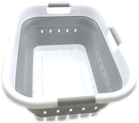 SAMMART 41L (10.8 gallon) Collapsible 3 Handled Plastic Laundry Basket - Foldable Pop Up Storage Container/Organizer - Portable Washing Tub - Space Saving (3 handled rectangular, White/Grey)