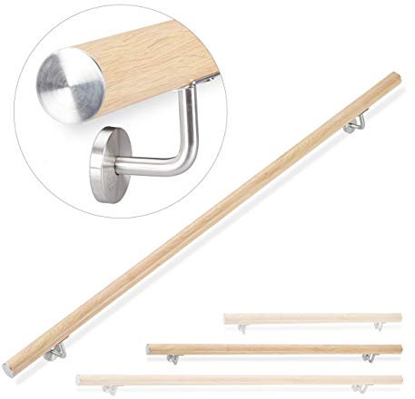 relaxdays, Legno Naturale Corrimano in Alluminio, Rotondo, Passamano per Interni o Esterni, 150 cm, Diametro 42 mm, 12 x 150 x 8 cm