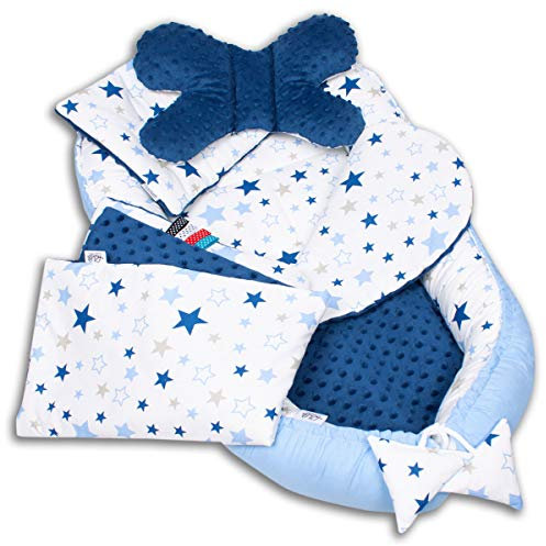 PaLulli Babynest 4-TLG Set 95x55 cm | Babyausstattung mit Matratze & Kuscheldecke | 100% Baumwolle, hypoallergen | Babybett Nestchen für Neugeborene 0-8 Monate (Milkyway dunkel blau)