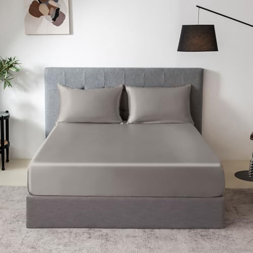 THXSILK 100% Mulberry Silk Fitted Sheet Set, 7A+ Silk 3 Pieces Bed Sheets, Breathable, Smooth, 16 Inch Deep Pocket Fitted Sheet, 2 Pillowcases - Grey, Queen