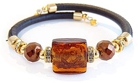 VENEZIA CLASSICA - Bracciale da Donna con perle in Vetro di Murano Originale e vera pelle Toscana, Collezione Lily, con foglia in oro 24kt, Made in Italy certificato