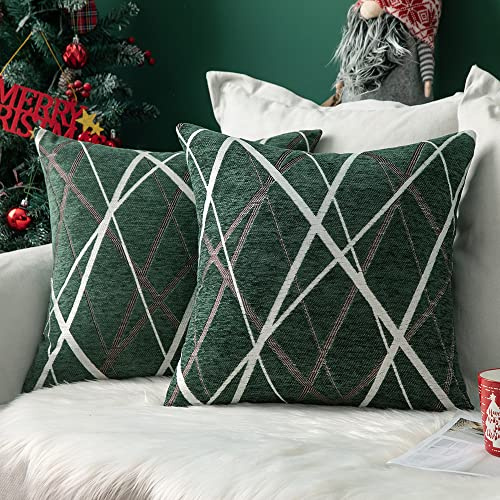 MIULEE Weihnachten Kissenbezug Dekorative Chenille Geometrisch Moderne Dekokissen Kissenbezüge Kissenhülle Zierkissen Sofakissen Für Sofa Wohnzimmer Schlafzimmer 2er Set 40x40 cm Dunkelgrün