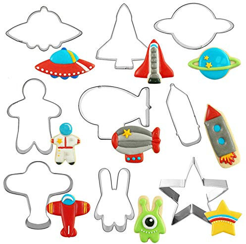 Stainless Sandwich Cutters Set,Food Grade Biscuit Mold Cake Cookie Cutter,UFO & Shuttle & Spaceman & Rocket & Plane & Alien & Star Shape Cutter for Bento Lunch or Party Supplies - 9Pack (Universe)