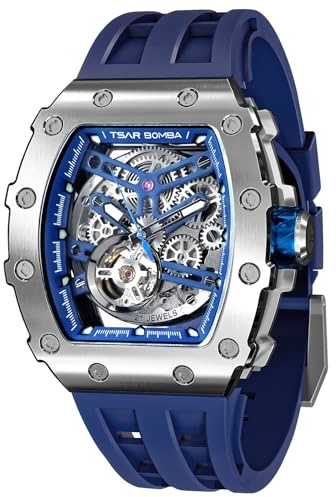 TSAR BOMBA Orologio Automatico da Uomo - Orologi Scheletro Tonneau di Lusso - Vetro Zaffiro con Movimento Giapponese - Impermeabile 50M - Luminoso TB8208