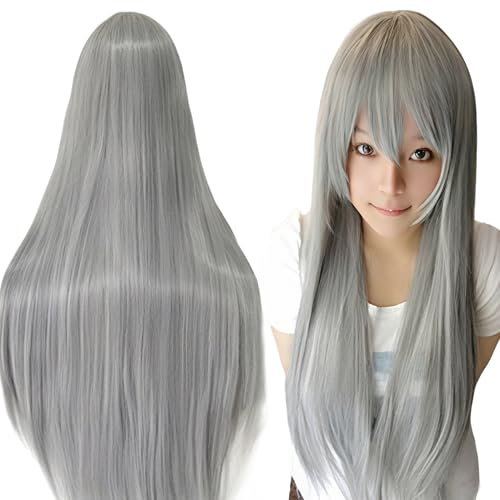 IMISSU 80 cm langes glattes Naturhaar Cosplay Perücken mit Pony Bunt Halloween Kostüm Party Perücke Haarverlängerungen (Grau)