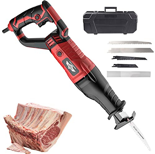 Scie de Boucher, Couteau Electrique Viande 1050W Scie a Os pour Commercial et Domestique, Multifonction Couteau Boucher avec 4 Lames de Scie pour Os, Viande Congelée, Métal, Bois, Plastique(Color:Re