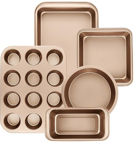 Nonstick Baking Pans Set, 5-Piece Kitchen Baking Sheets for Oven, Bakeware Sets with Round/Square Cake Pan, Muffin Pan, Loaf Pan, Roast Pan, mobzio Cookie Sheet Set Baking Supplies (Champagne Gold)