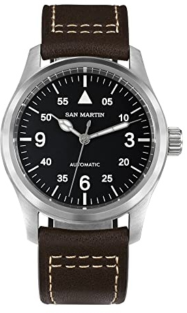 San Martin SN0034G 8215 Montre pilote militaire automatique en acier pour homme 37 mm, Bracelet en cuir