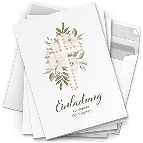 10 Einladungskarten Kommunion - Motiv Magnolien Kreuz - moderne Klappkarten mit Umschlägen - Einladungen zu Kommunionsfeier Einladung Karten