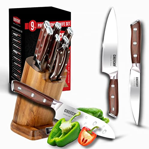 CHEFCHY 9-Piece Knife Set – German 1.4116 Steel Blades, G10 Pakkawood Handles, Acacia Wood Knife Block Set, Includes Finger Guard & Peeler, Gift Boxed, Professional Kitchen Set – Brown