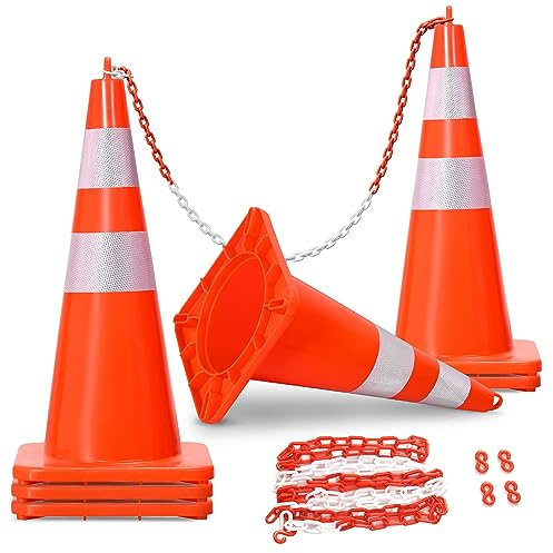 YITAHOME 6 Pack 28 Inch Traffic Cones with Heavy Base, Orange Safety Cone with Reflective Collar and 16.4FT Chains for Parking Lot, Road Safety Construction Work